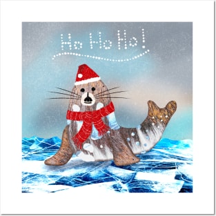 Merry Seal with a Santa hat Posters and Art